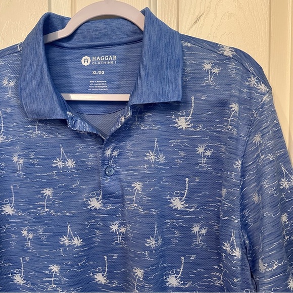 Haggar Golf Polo Mens XL Shirt Palm Tree Print Blue Stretch Performance Tropical - Picture 2 of 7